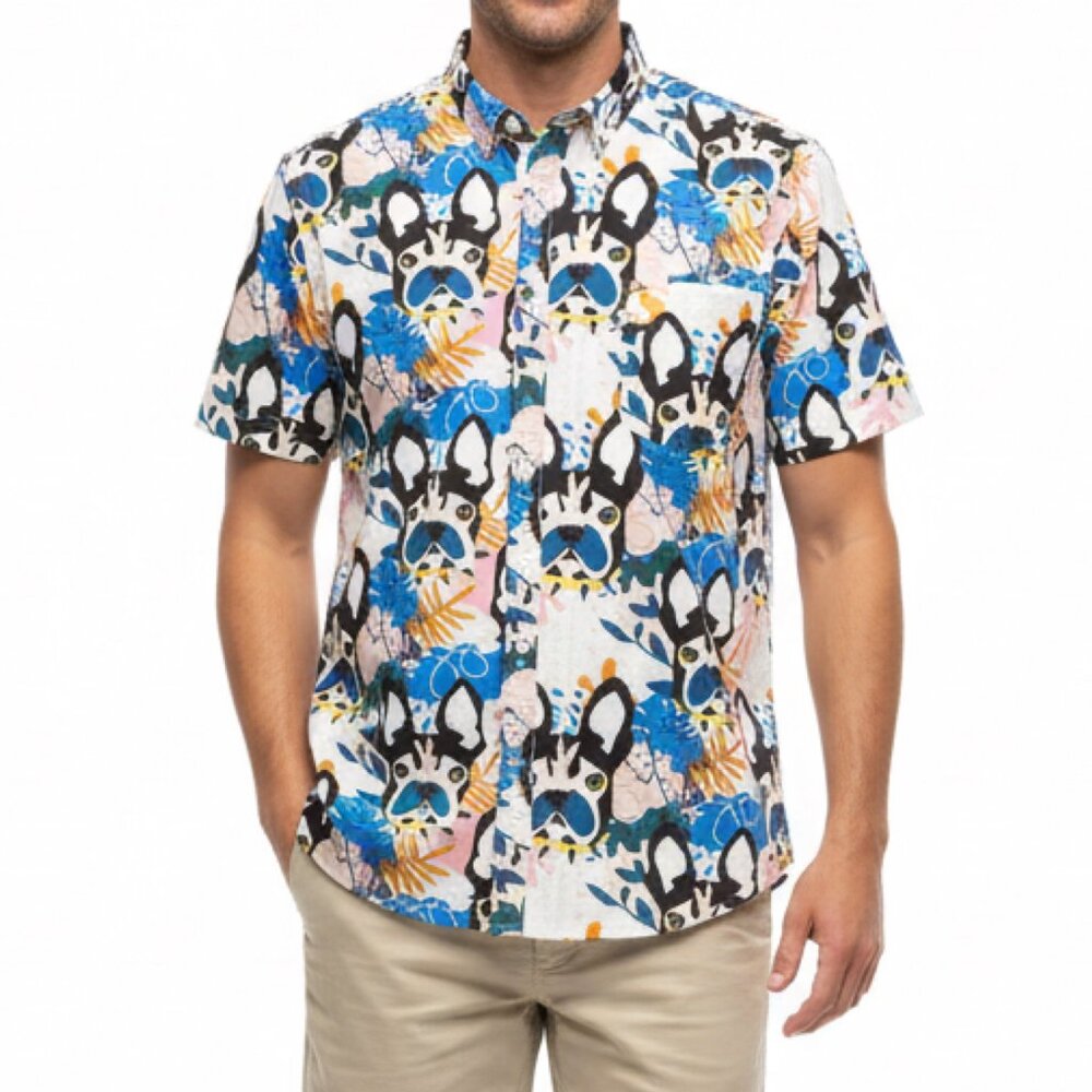 MTL Made to Live NYC French Bulldog Print Shirt Slim Fit XL Short Sleeve